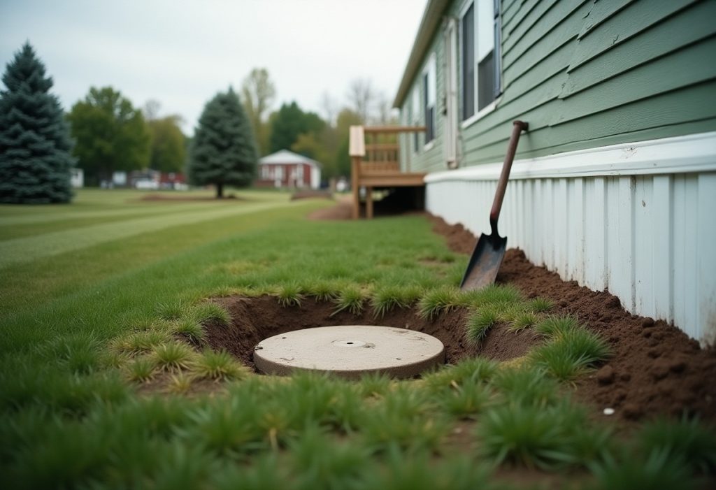 Mobile home with a concrete septic riser lid in the yard