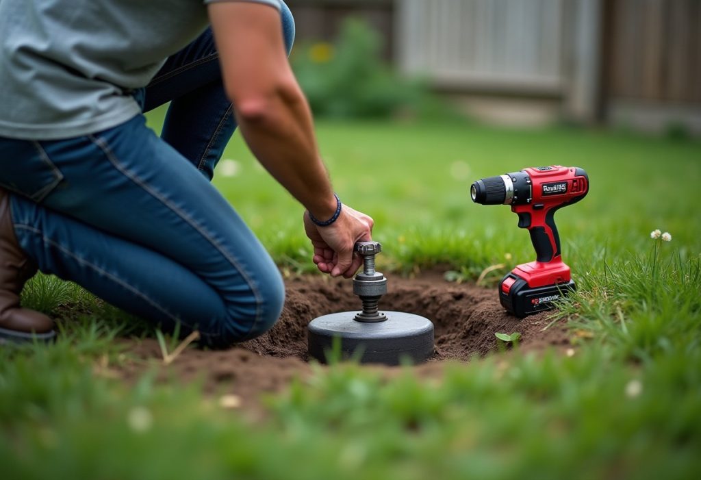 Person removing a well cap outdoors with a wrench and flashlight nearby