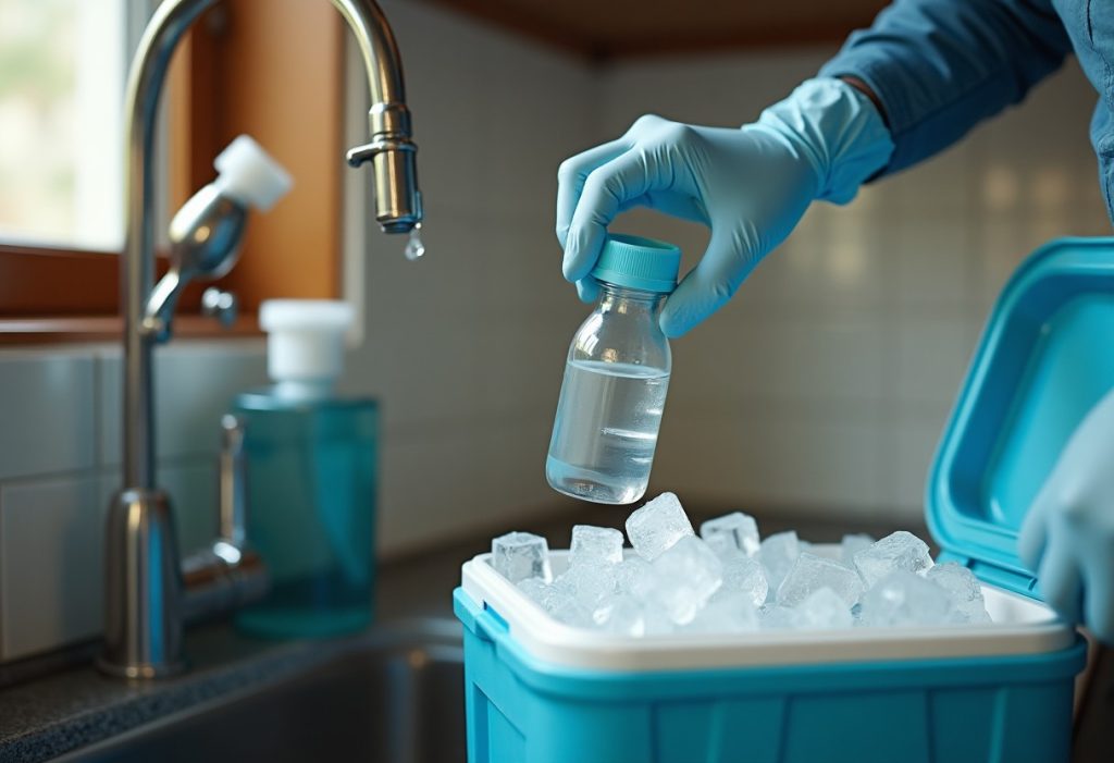 Gloved hand filling a sterile bottle from a kitchen tap with a cooler nearby
