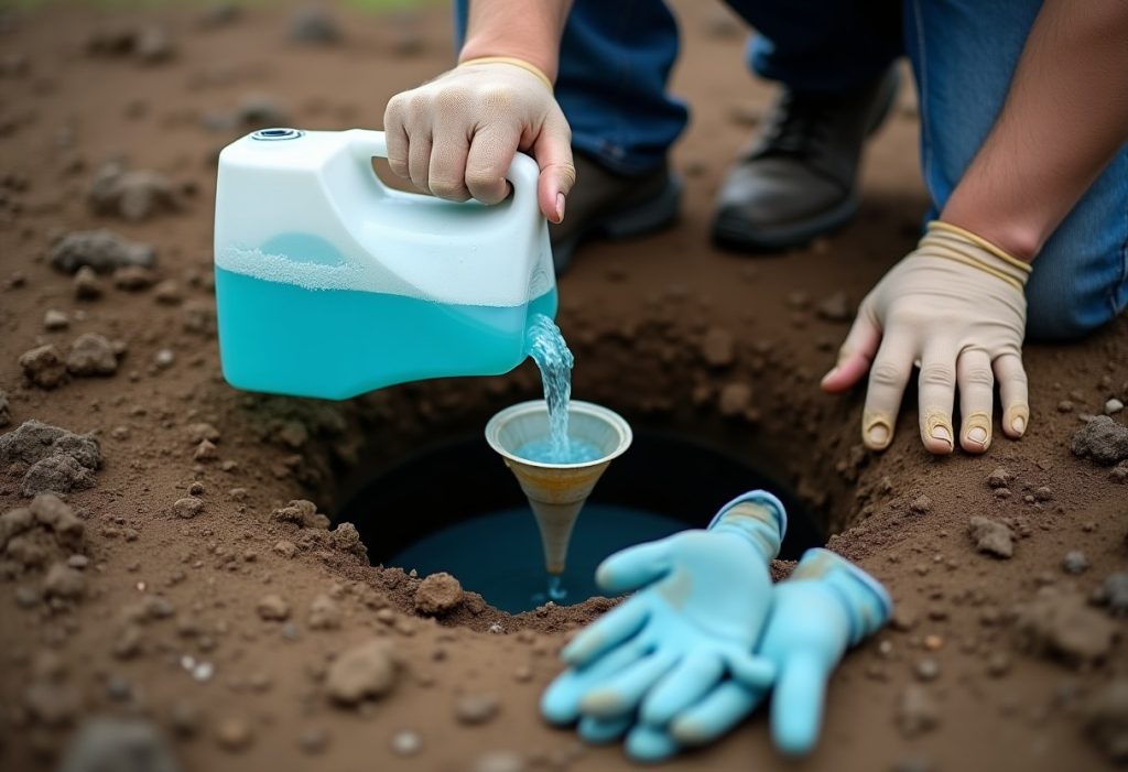 Plumber pouring chlorine into a well casing with gloves and bucket nearby