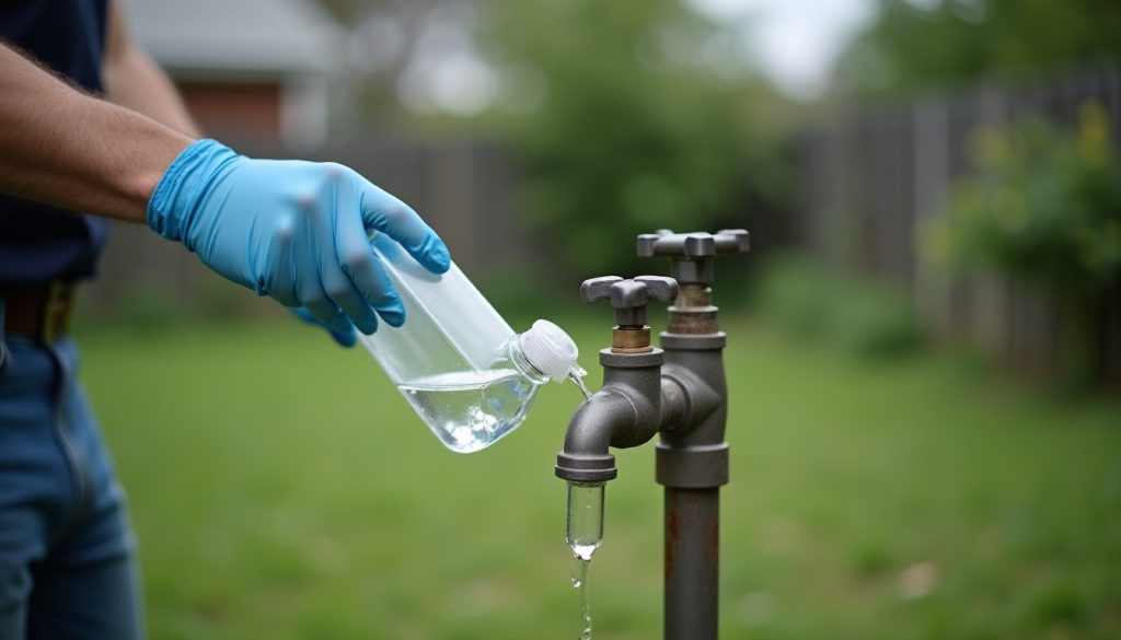 A gloved hand filling a clear sterile sample bottle from an outdoor spigot next to a residential well cap in a grassy ya