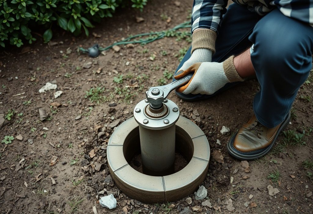 Person kneeling outdoors removing a well cap with a wrench to check the casing