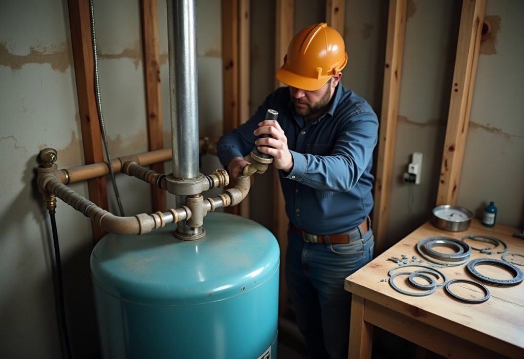 Technician replacing a pressure switch on a basement water pressure tank
