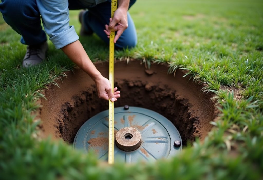 Inspector stretching a tape measure across grass between a septic lid and wellhead