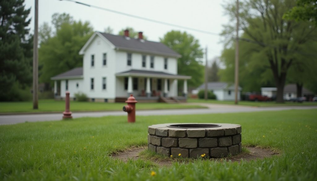 A rural house with a well cap in the yard in the foreground and a municipal fire hydrant at the street edge in the backg