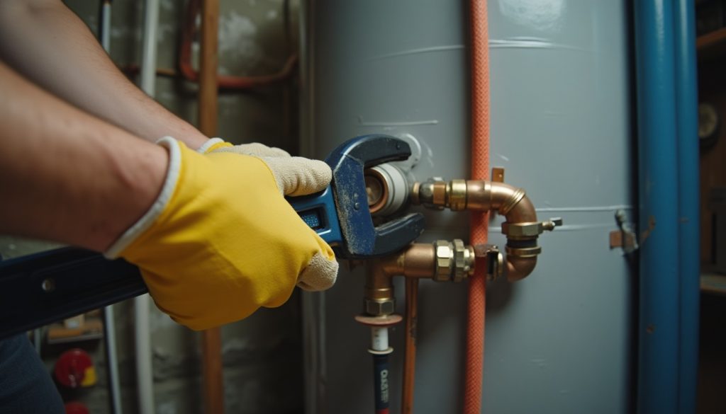 Gloved hands use a pipe wrench to join copper pipe to a water heater's bottom inlet fitting.