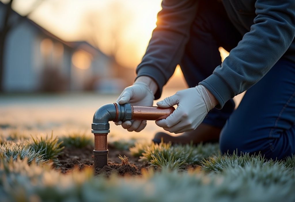 Plumber wrapping foam insulation around an outdoor copper pipe in frosty grass