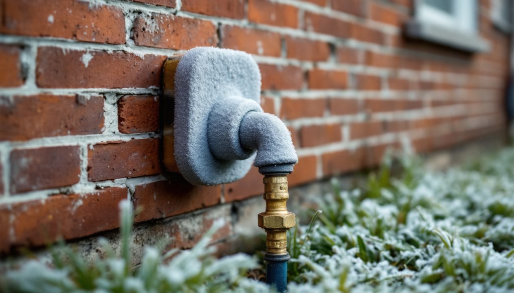 An outdoor hose bib on a brick wall covered with a foam insulating cover, frost on the grass