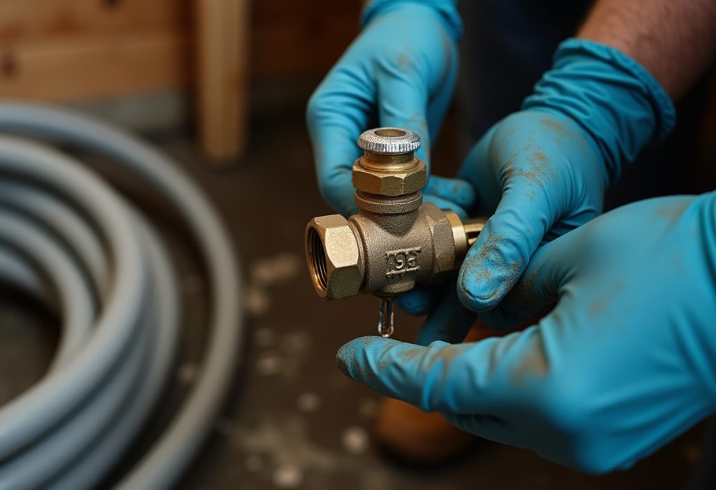 Gloved hands closing a basement shutoff valve near a coiled garden hose