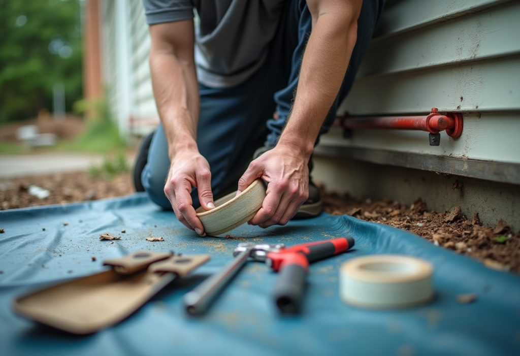 Plumber applying heat tape to an exterior pipe with tools on a tarp