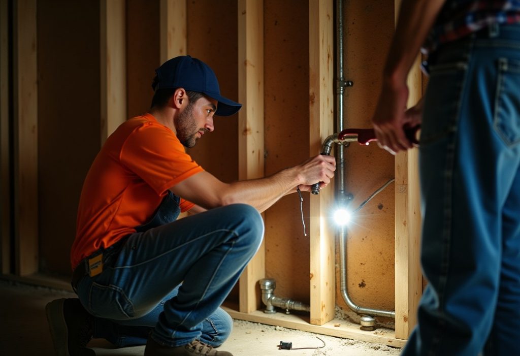 Plumber fitting copper pipe inside an open wall cavity as a helper assists with a wrench