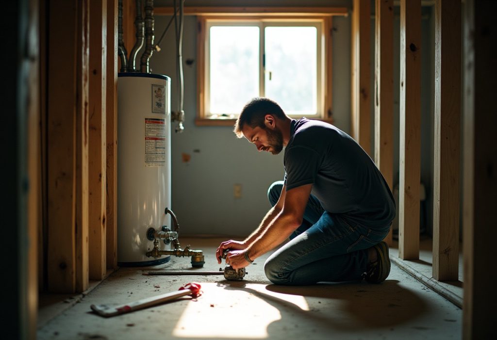 Plumber tightening a fitting on a water heater in a basement with scattered tools