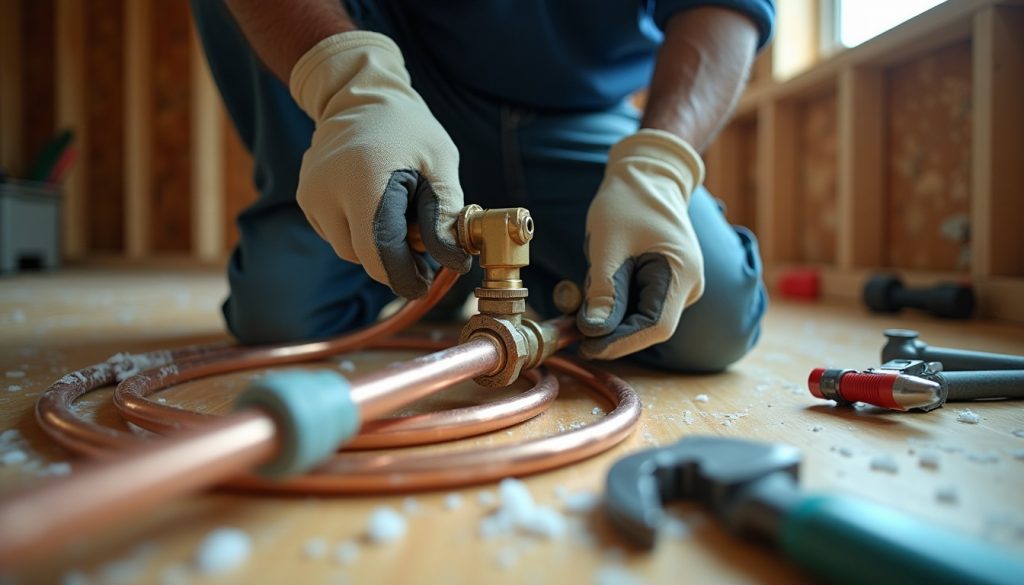 Gloved hands tighten a brass pipe fitting with a wrench amid copper pipes and tools on plywood.