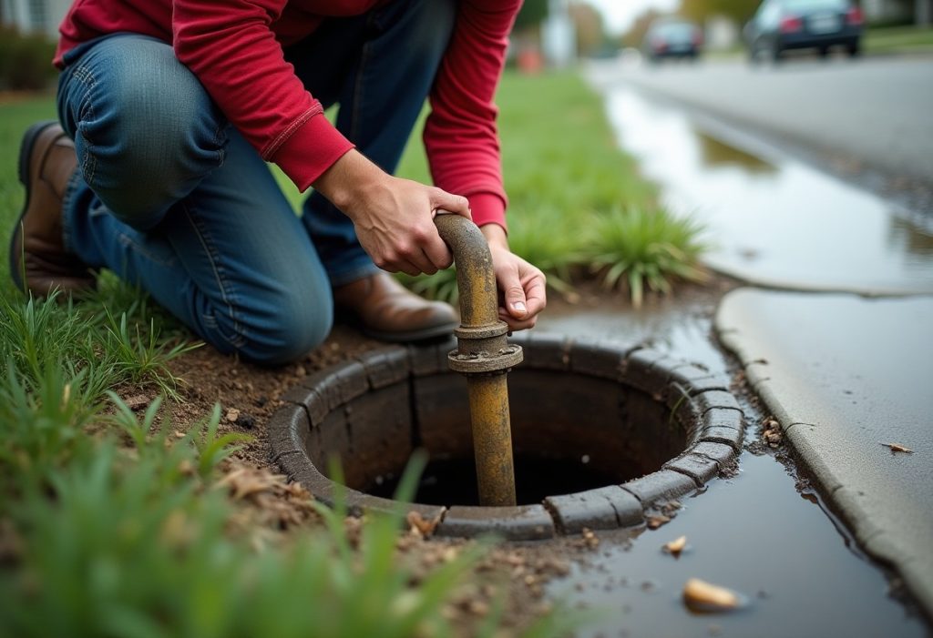 Plumber adjusting a brass fitting inside an open water meter pit in a yard