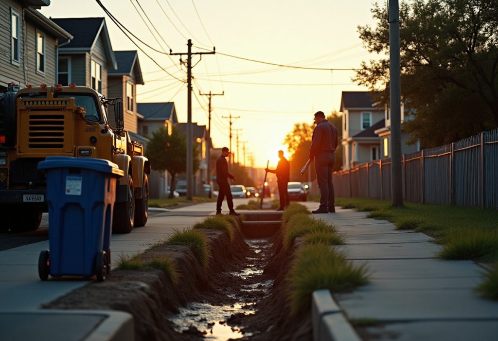 Street scene with water trench, garbage bin, and overhead power lines together