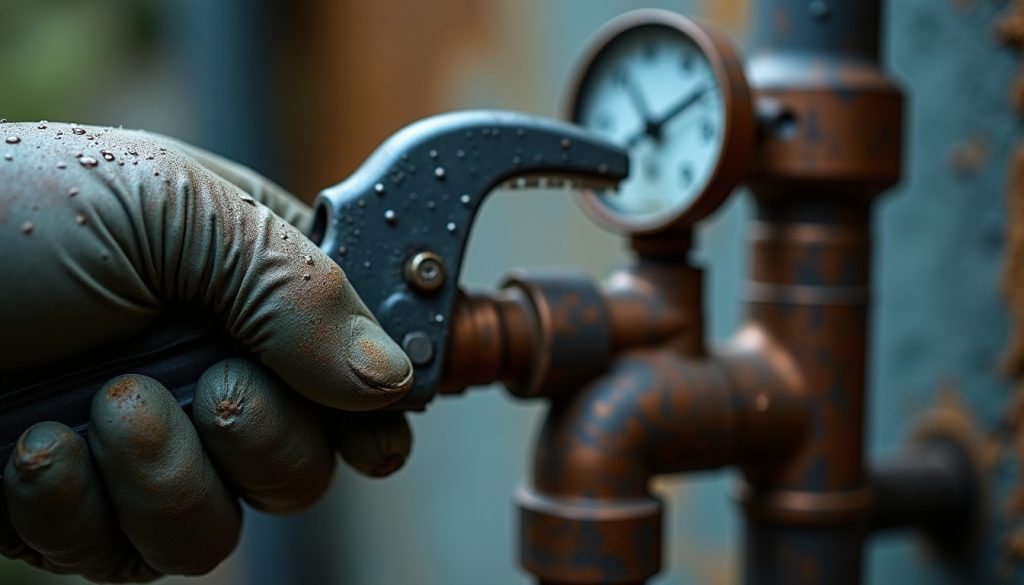 Gloved hand using pipe wrench on copper pipe, blurred metal meter housing behind.