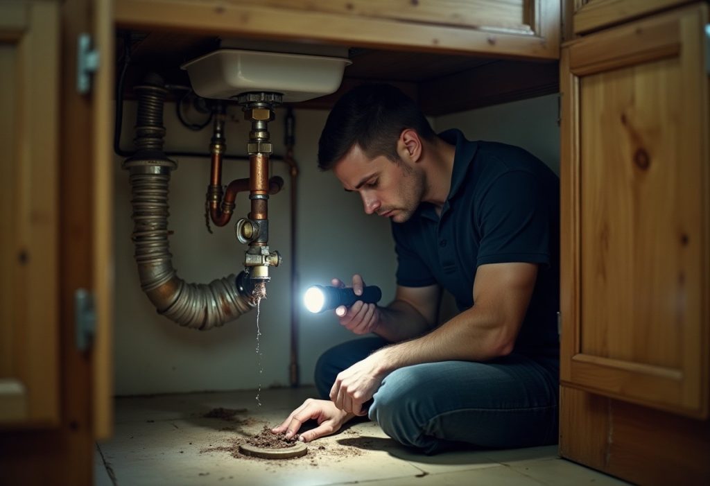 Plumber checking copper supply pipe under sink while faucet runs