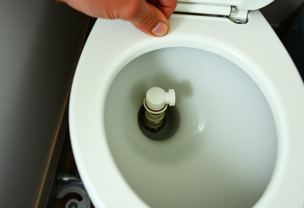 Toilet tank lid removed showing fill valve and water refilling