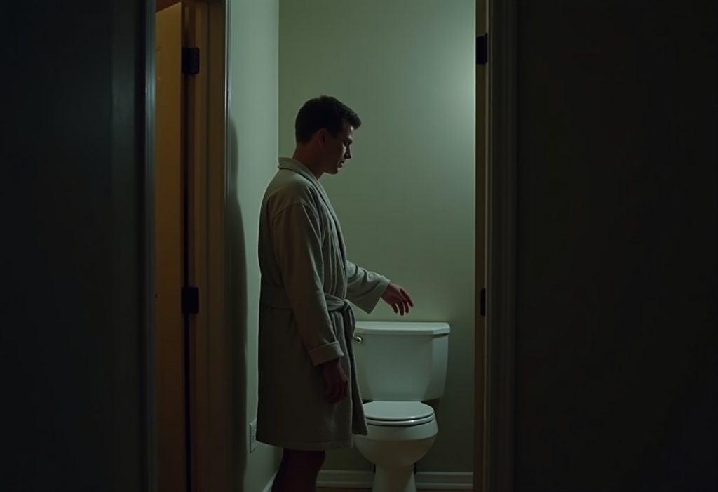 Person standing in dark hallway listening near bathroom door at night