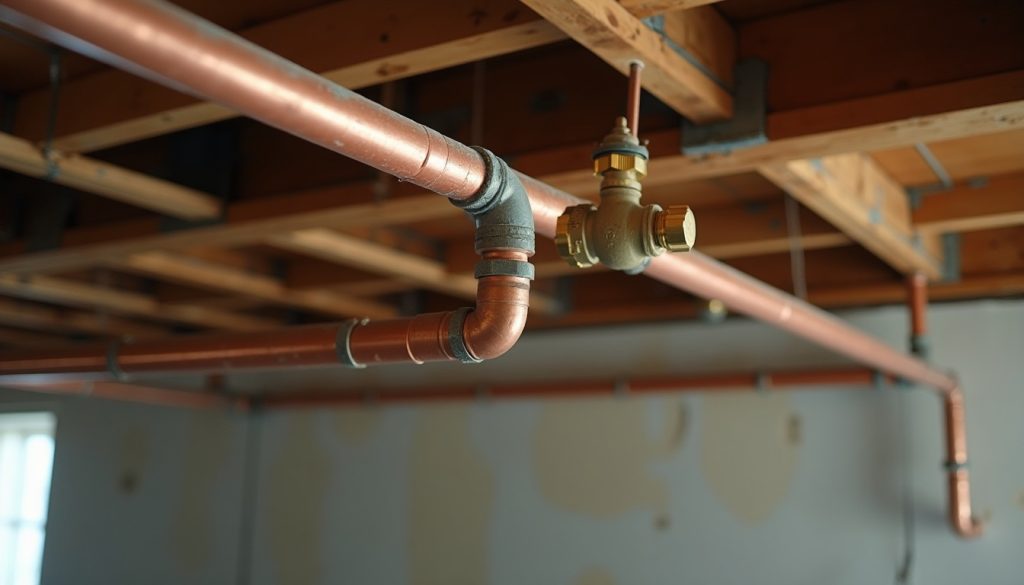 Copper water pipes and a brass ball valve running along the joists of an unfinished basement ceiling