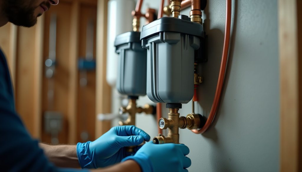 Gloved hands adjusting a fitting on a whole house water filter with piping and shut-off valve, basement setting.