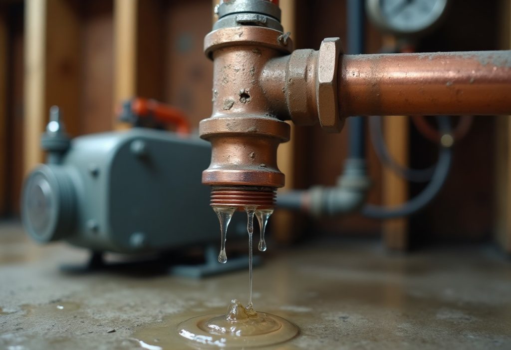Copper pipe covered in water droplets dripping onto a basement floor