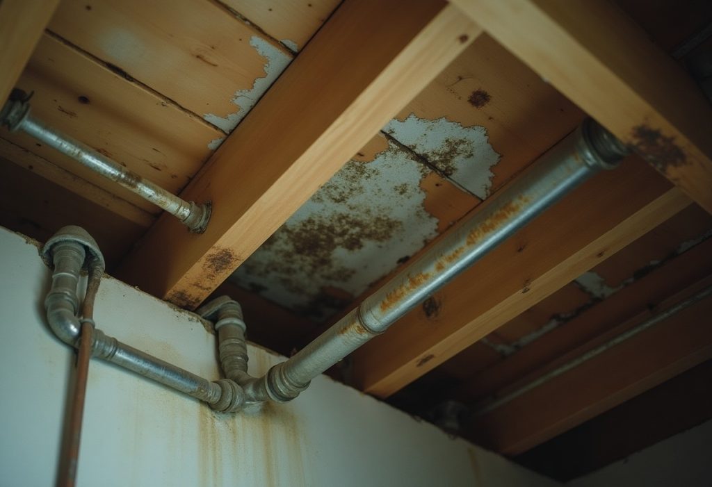 Water-stained ceiling below a sweating copper pipe and rusted hangers