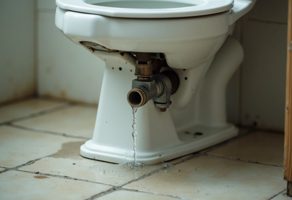 Open toilet tank showing a condensation-covered fill valve and wet floor