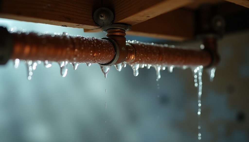 Beads of condensation covering a cold copper water pipe running along a basement ceiling joist, droplets about to fall,