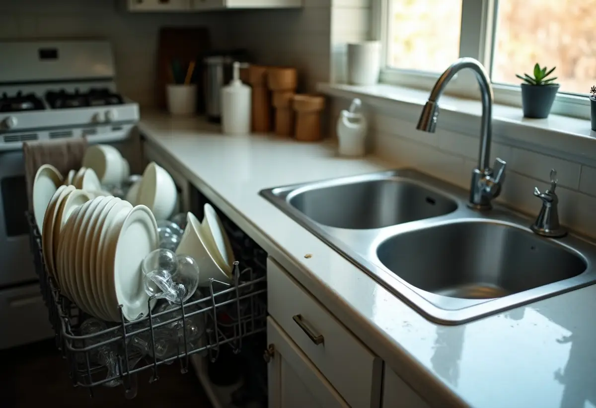 Open dishwasher rack full of dishes beside a double kitchen sink with soapy water