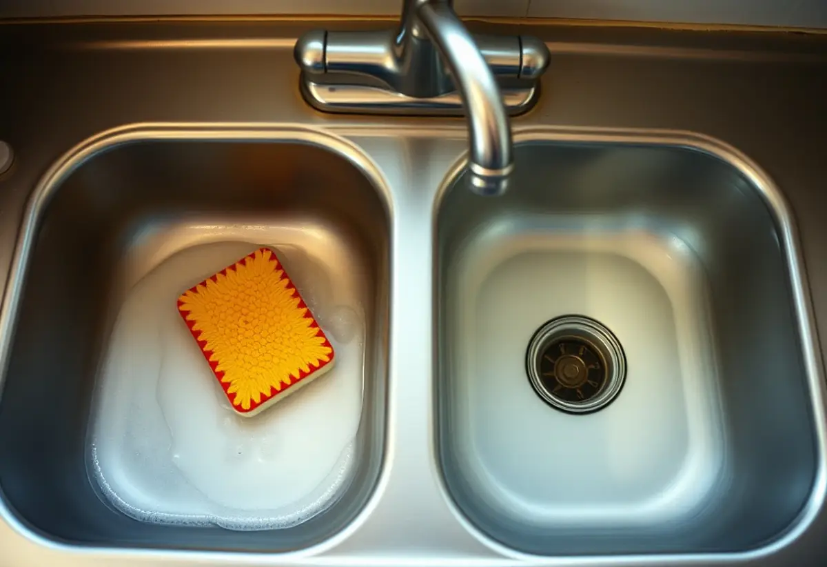 Two basin sink setup with soapy wash water and clear rinse water, faucet off