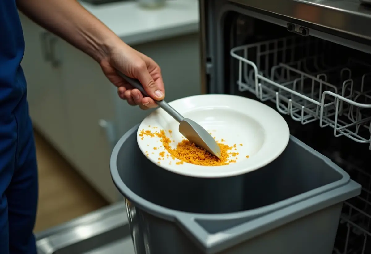 Hand scraping food scraps off a plate over a trash bin near an open dishwasher