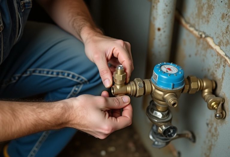 Hands attaching test hoses to a double check valve assembly in a basement