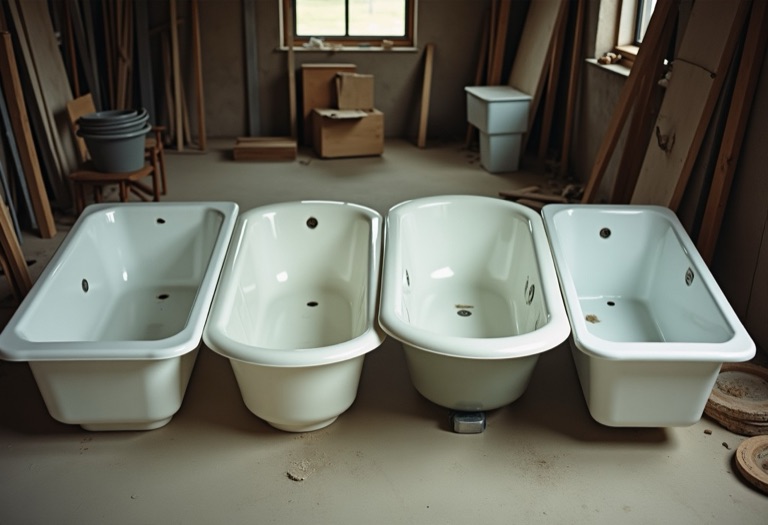 Four bathtubs in different materials lined up side by side in a workshop