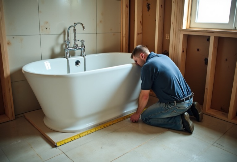 Plumber measuring a freestanding tub installation in a renovated bathroom