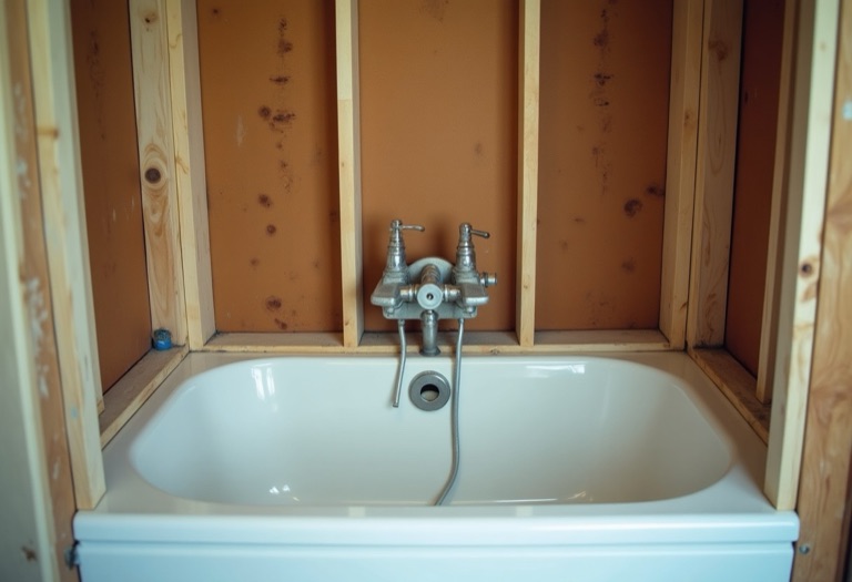 Exposed plumbing rough-in with P-trap and supply lines behind a bathtub wall