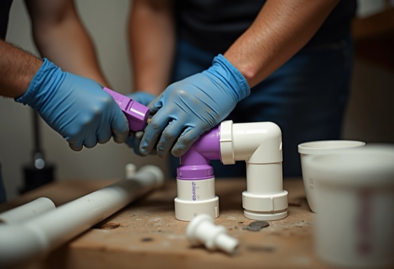 Hands applying purple primer to white PVC pipe before solvent welding