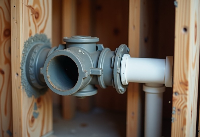 Cast iron drain pipe and PVC vent pipe exposed inside an open wall cavity
