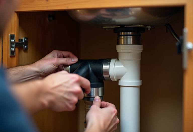 Neoprene no-hub coupling with steel bands joining cast iron to PVC pipe