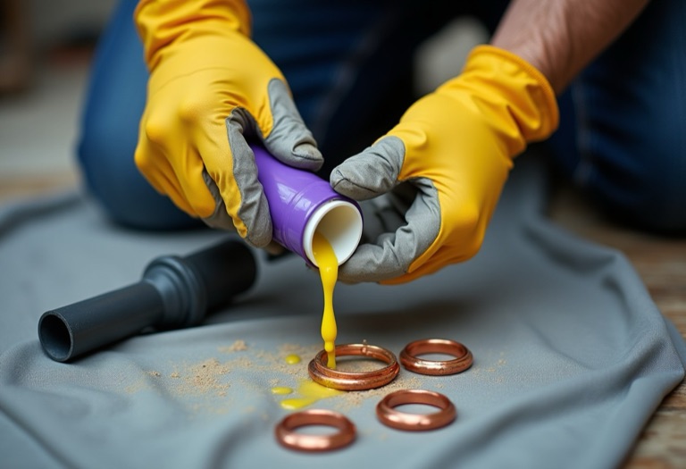 Gloved hands applying solvent cement to CPVC pipe next to a PEX crimp tool