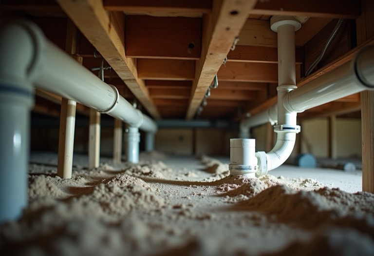 PEX tubing curving around a joist with few fittings next to CPVC pipe with multiple elbows