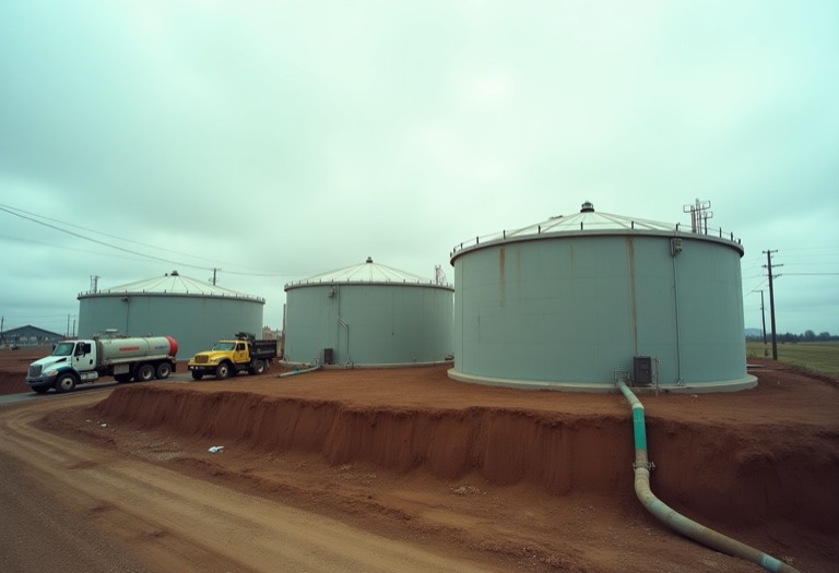 Municipal water storage tanks and distribution piping with a maintenance truck parked nearby