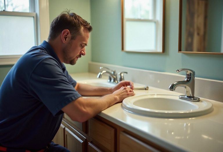 Plumber comparing single-hole and widespread faucets on a bathroom vanity counter