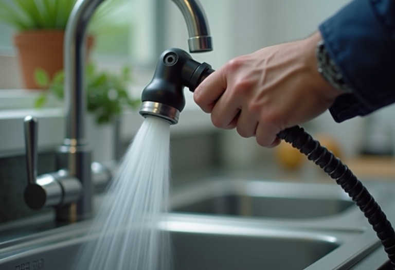 Hand pulling down a kitchen faucet sprayer head over a stainless sink