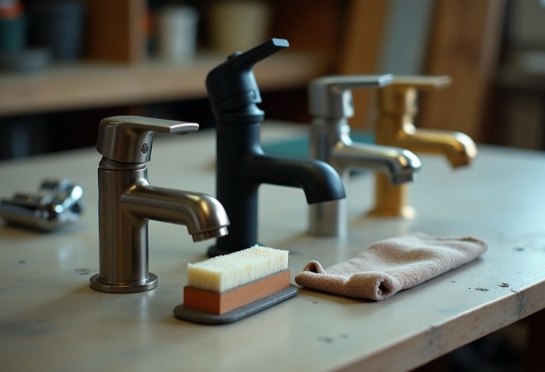 Faucet samples in chrome, matte black, brushed nickel, and brushed gold finishes on a workbench