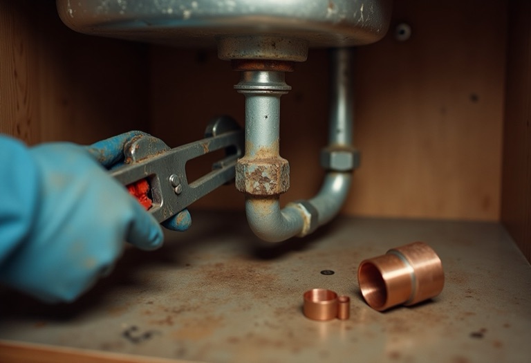 Gloved hands loosening a rusted galvanized pipe fitting with a wrench under a sink