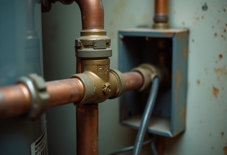 Gas line and vent pipe on one water heater, wiring and junction box on another