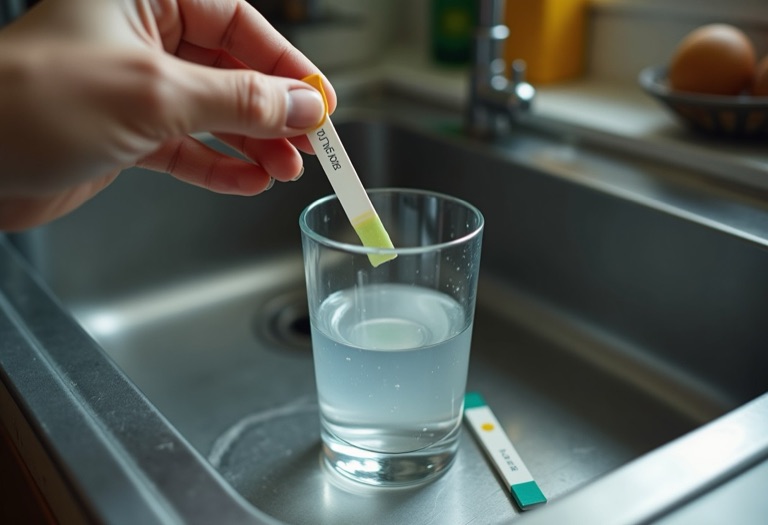 Hand dipping a test strip into a glass of tap water at a kitchen sink