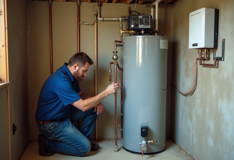 Plumber working between a hybrid heat pump tank and a wall-mounted tankless water heater in a basement