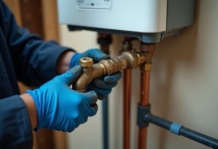 Hands tightening a brass fitting on a tankless water heater gas line near copper piping